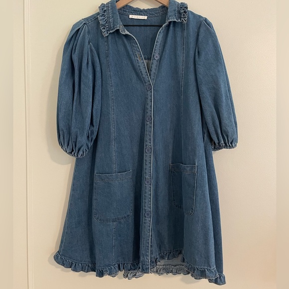 Karlie Denim Ruffle Pocket Dress Large - Picture 2 of 8